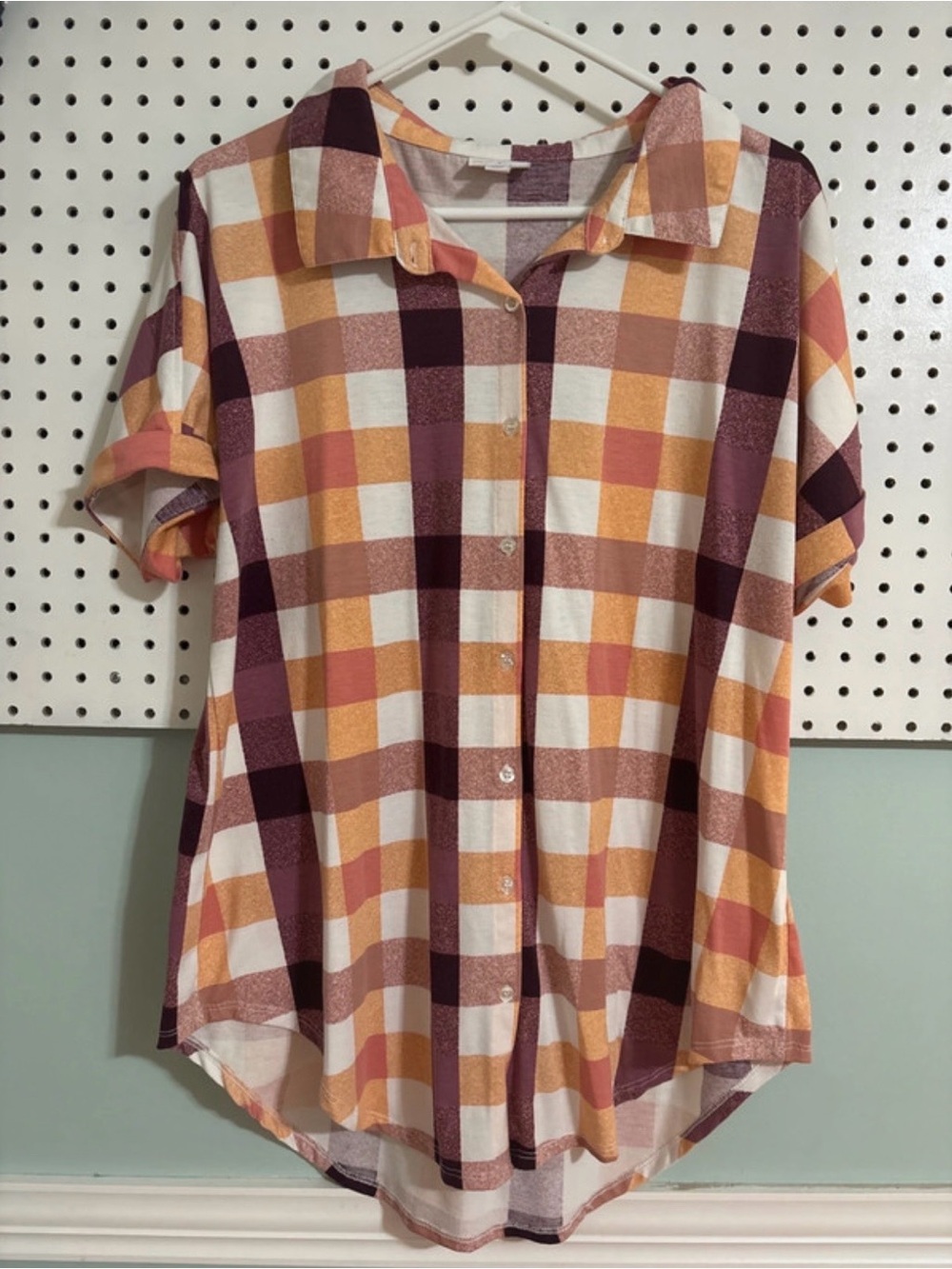LuLaRoe Short-Sleeve Button-Down Plaid Shirt — Peach, Burgundy & White